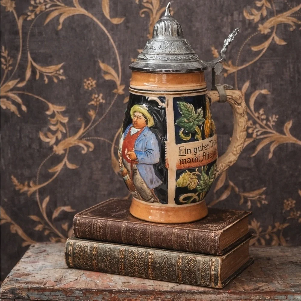 Vintage West German Beer Stein Pewter Lid Tavern Scene Relief Breweriana